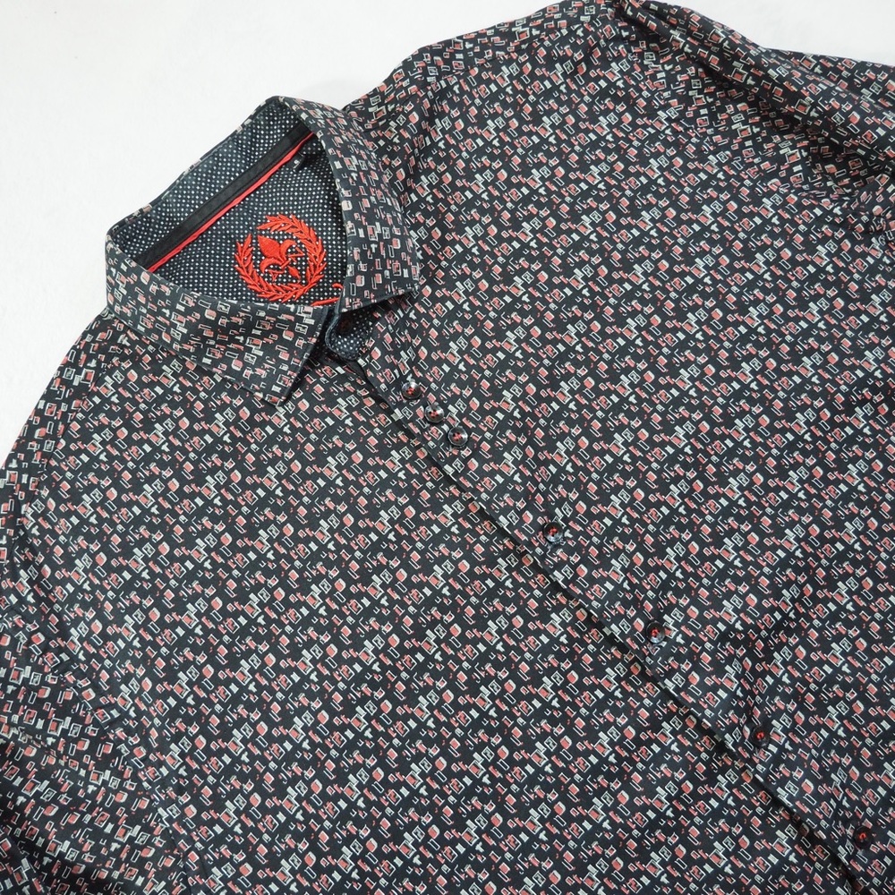 Au Noir Sz 6  Patterned Dress Shirt - Black with Red & White Print 100% Cotton